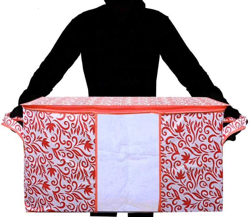 Kuber Industries Leaf Design 2 Piece Non Woven Underbed Storage BagStorage OrganiserBlanket Cover with Transparent WindowExtra Large Red CTKTC34492 - Image 4