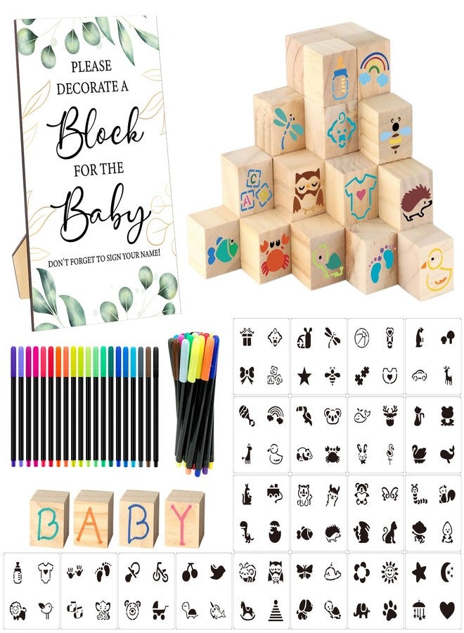 SytuHete 97 Pcs Baby Shower Game Sign Set Includes Decorative Square Signs 56 DIY Blank Wooden Blocks 20 Fabric Pens Baby Shower Game Prizes - Image 1