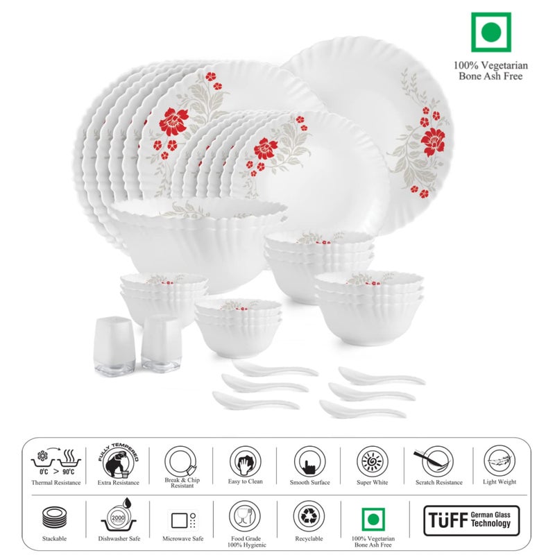 Cello Cello Opalware Dazzle Series Scarlet Bliss Dinner Set, 35 Units | Opal Glass Dinner Set for 6 | Light-Weight, Daily Use Crockery Set for Dining | White Plate and Bowl Set - Image 4