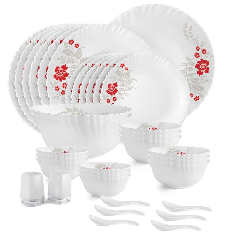 Cello Cello Opalware Dazzle Series Scarlet Bliss Dinner Set, 35 Units | Opal Glass Dinner Set for 6 | Light-Weight, Daily Use Crockery Set for Dining | White Plate and Bowl Set - Image 1