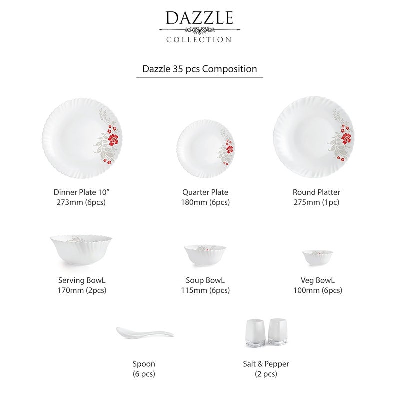 Cello Cello Opalware Dazzle Series Scarlet Bliss Dinner Set, 35 Units | Opal Glass Dinner Set for 6 | Light-Weight, Daily Use Crockery Set for Dining | White Plate and Bowl Set - Image 5