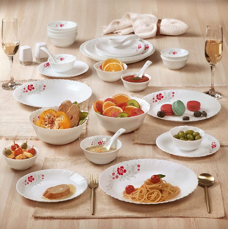 Cello Cello Opalware Dazzle Series Scarlet Bliss Dinner Set, 35 Units | Opal Glass Dinner Set for 6 | Light-Weight, Daily Use Crockery Set for Dining | White Plate and Bowl Set - Image 2