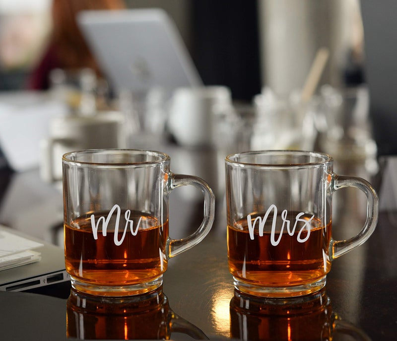 Incrizma Mr and Mrs Engraved Glass Coffee Mug Set | Mr. and Mrs, Hand Etched Glass Mug Set of 2 (2, 250 ml) - Image 2