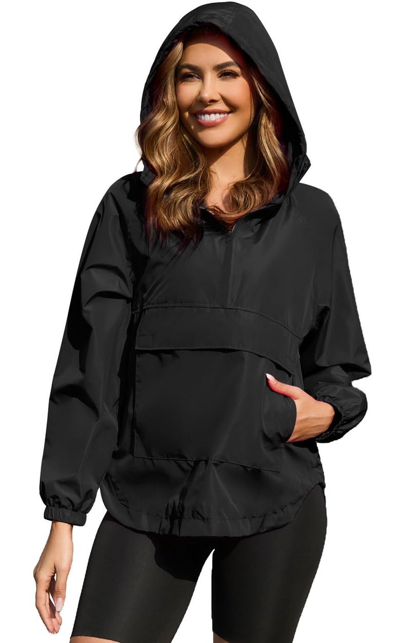 PESION Womens Packable Anorak Half Zip Waterproof Pullover Jacket, Waterproof Raincoat Lightweight Rain Jacket Windbreakers, Black, XX-Large - Image 1