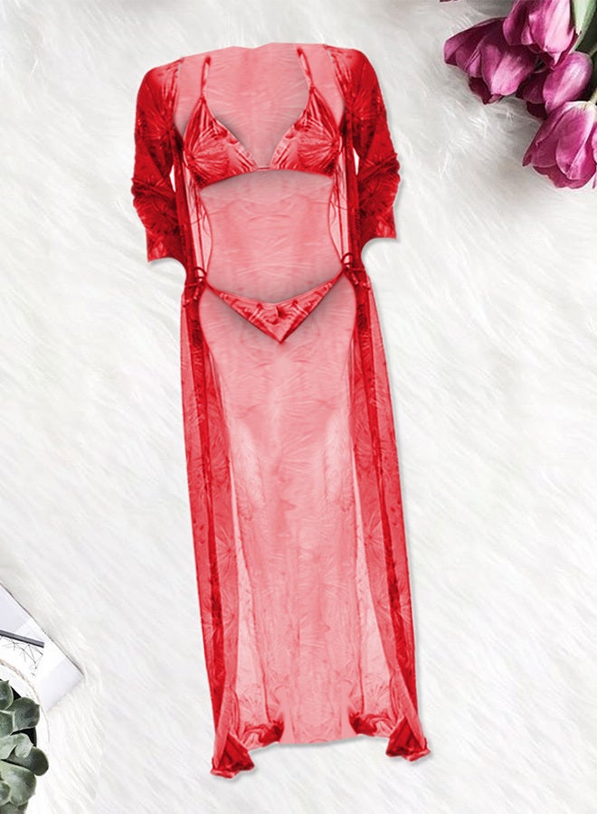 MARGOUN Three-piece Digital Printing Bikini Ladies Beach Sunscreen Blouse Swimsuit Long Lace Dress Sheer Dress Sheer Kimono Dress Red  - Image 1
