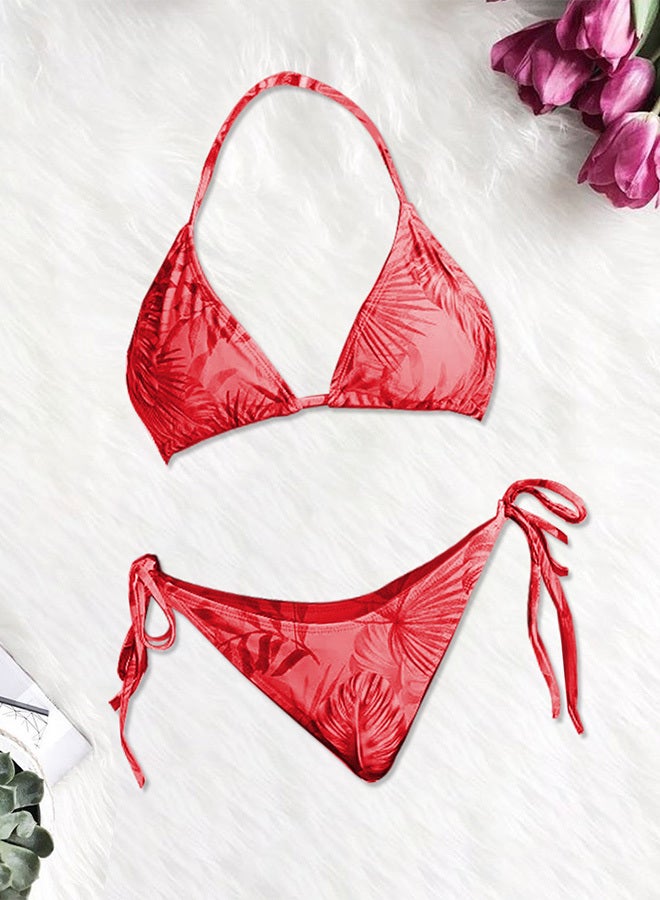 MARGOUN Three-piece Digital Printing Bikini Ladies Beach Sunscreen Blouse Swimsuit Long Lace Dress Sheer Dress Sheer Kimono Dress Red  - Image 2