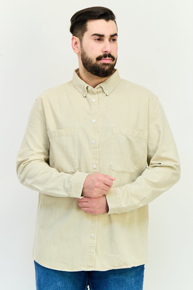 Celio Men Regular Fit Solid Long Sleeves Casual Denim Shirt, Beige - Image 1