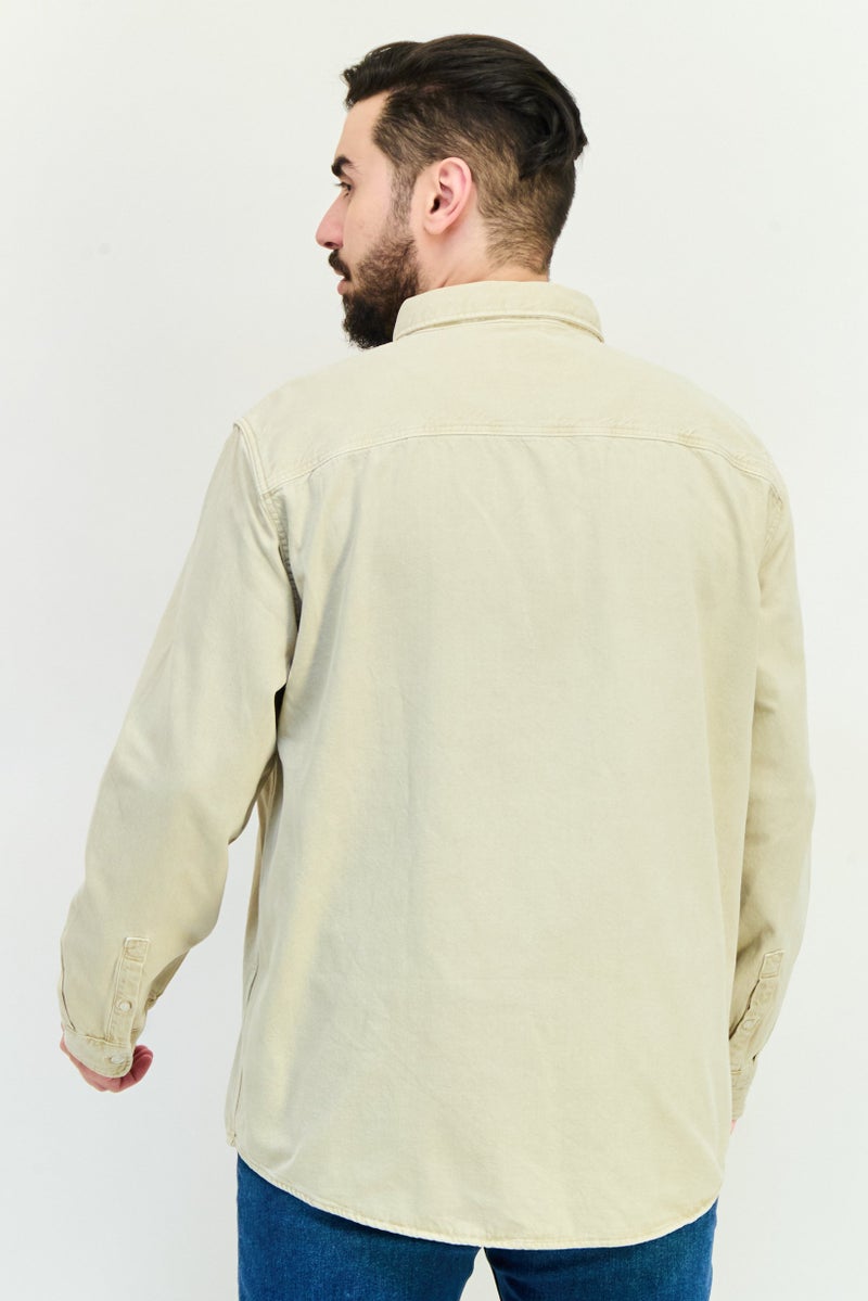 Celio Men Regular Fit Solid Long Sleeves Casual Denim Shirt, Beige - Image 3