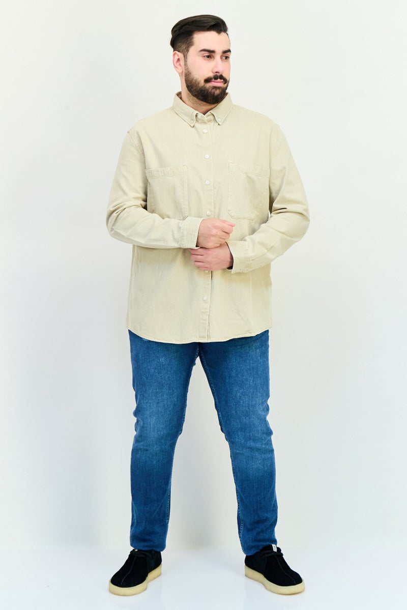 Celio Men Regular Fit Solid Long Sleeves Casual Denim Shirt, Beige - Image 4