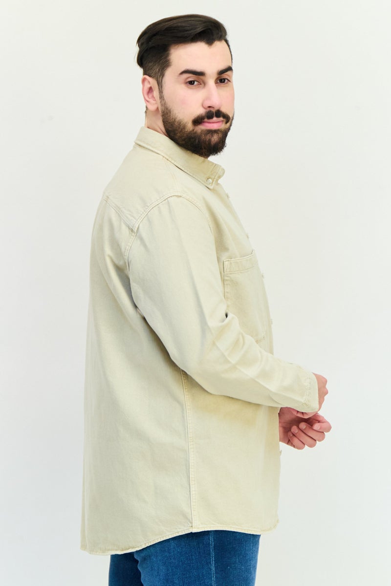 Celio Men Regular Fit Solid Long Sleeves Casual Denim Shirt, Beige - Image 2