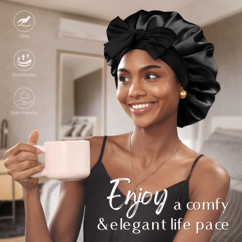 Yanibest Adjustable Satin Bonnet for Sleeping, Double Layer Silk Hair Bonnet with Tie Band for Unisex Women Men Curly Natural - Image 5