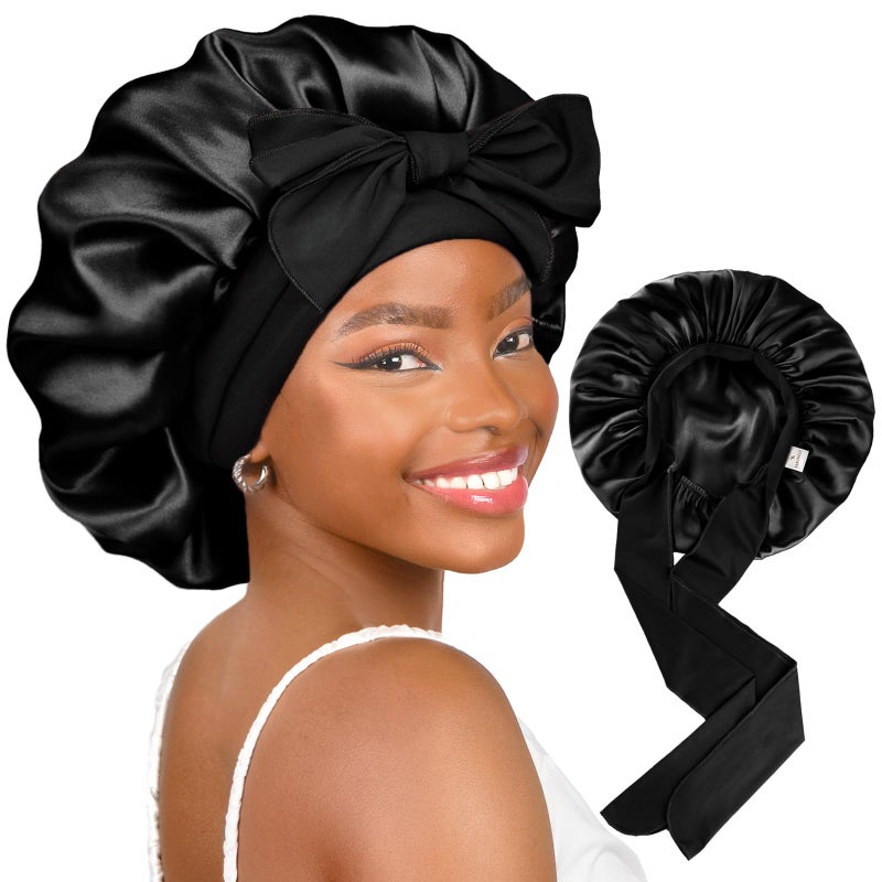 Yanibest Adjustable Satin Bonnet for Sleeping, Double Layer Silk Hair Bonnet with Tie Band for Unisex Women Men Curly Natural - Image 1