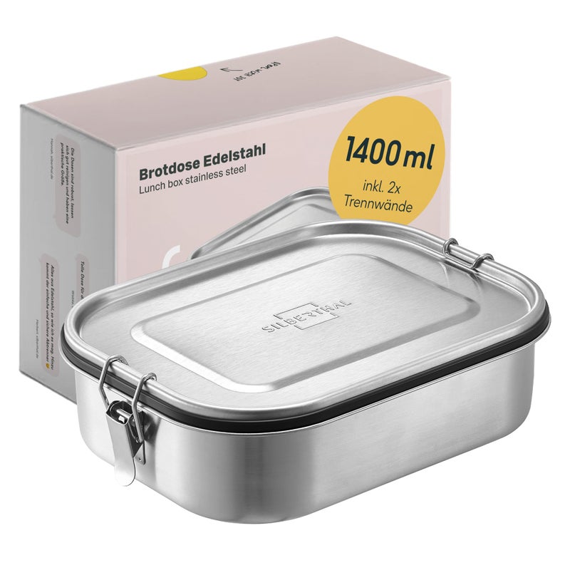 SILBERTHAL Stainless steel lunch box with compartments  Large lunch box 1400ml for adults  Leakproof  with extra container for sauces and dips