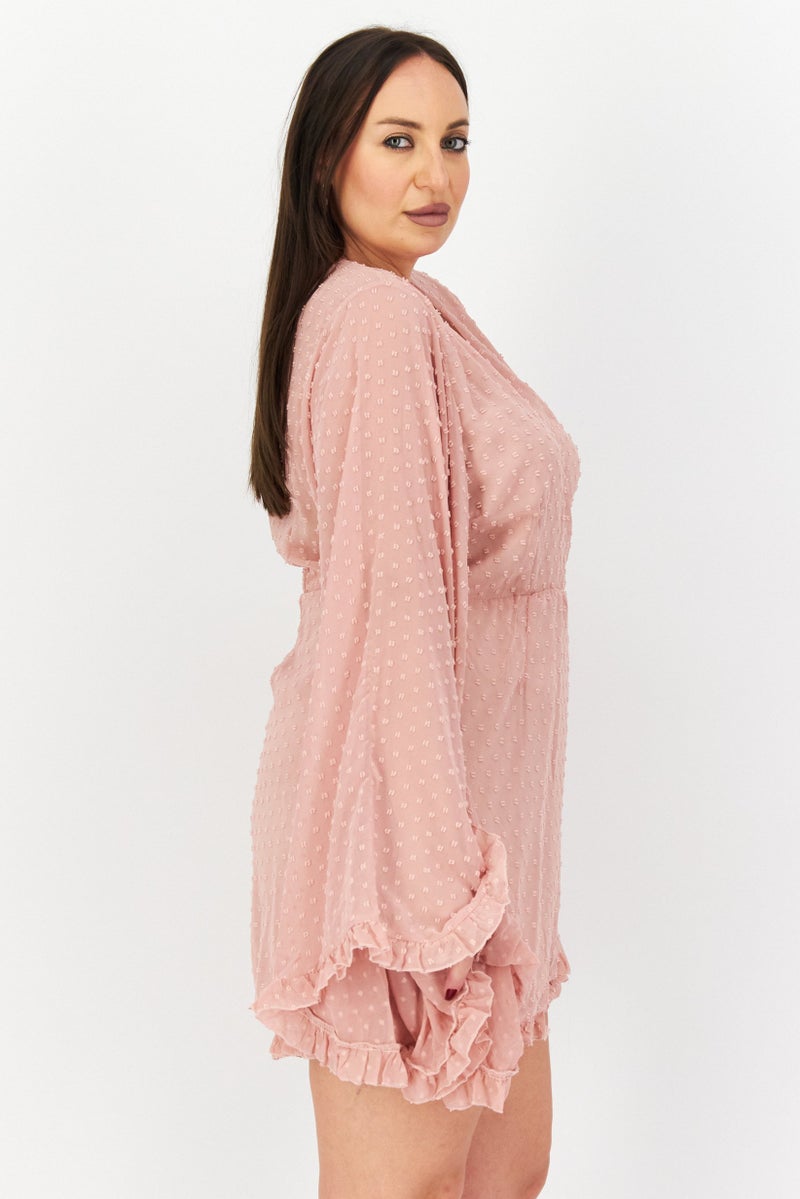 boohoo Women Textured Long Sleeve Playsuit, Blush Pink  - Image 4
