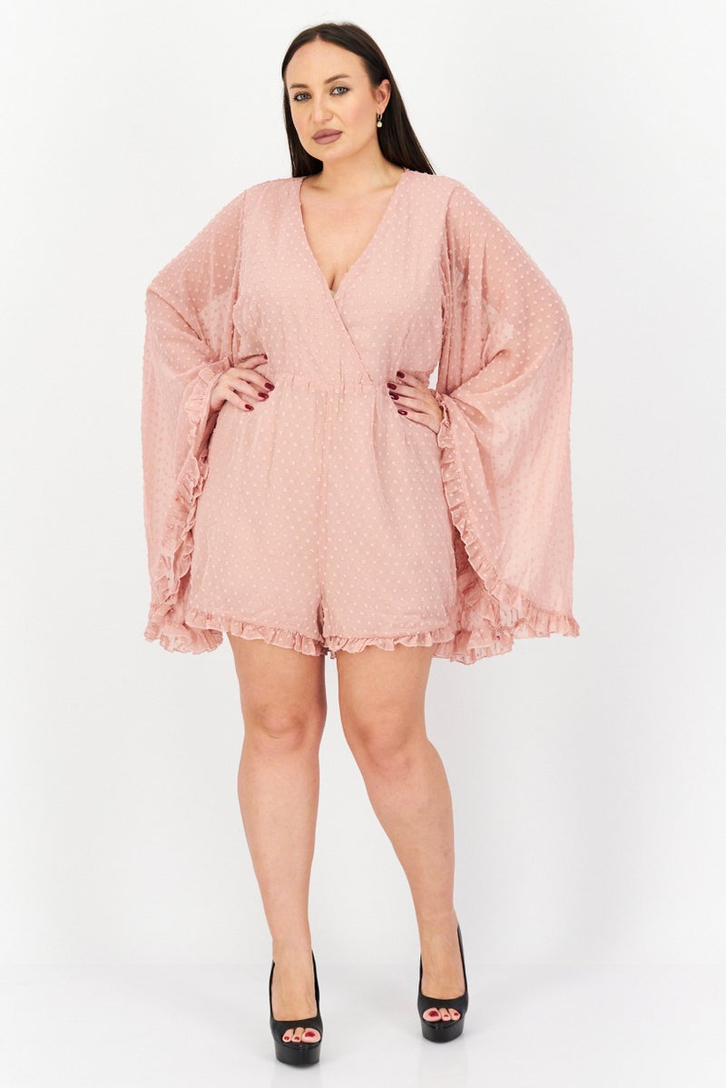 boohoo Women Textured Long Sleeve Playsuit, Blush Pink  - Image 3