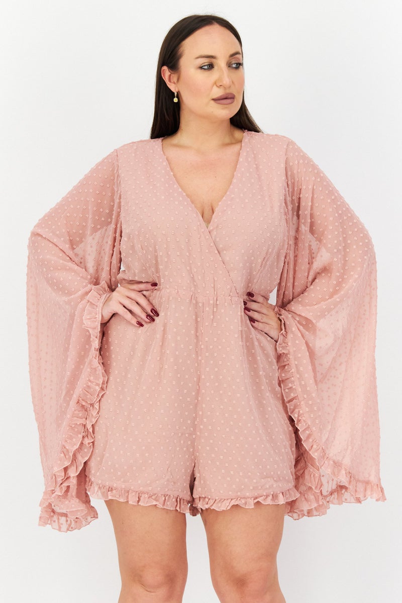 boohoo Women Textured Long Sleeve Playsuit, Blush Pink  - Image 1
