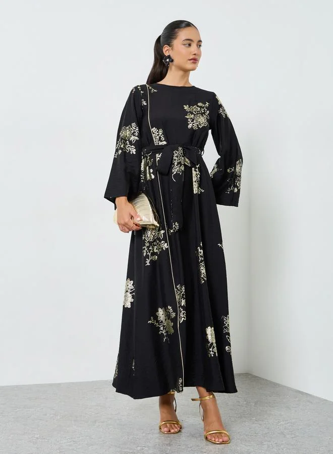 Black Floral Foil Print Jalabiya with Tie Belt