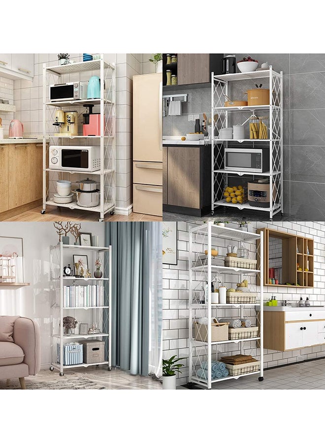 رفوف تخزين قابلة للطي 5 طبقات، حوامل تخزين لخزانة المطبخ، رف تخزين متعدد الاستخدامات لغرفة المعيشة وغرفة النوم والمطبخ والمرآب تجميع سهل أبيض 5 رفوف
