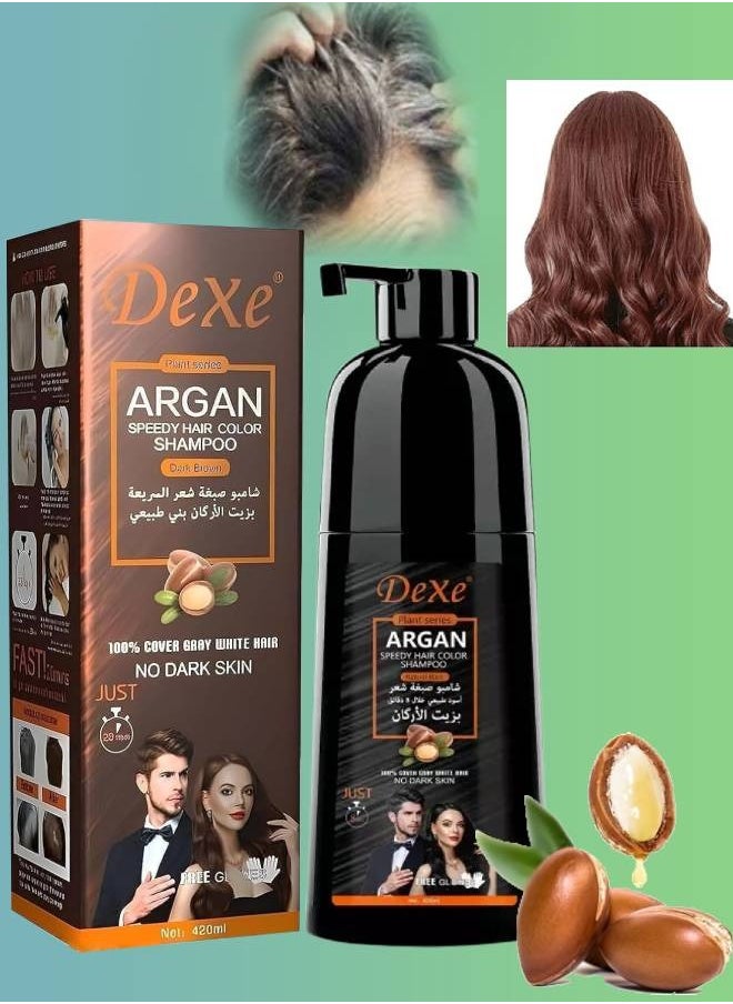 Dexe 420ml Argan Speedy Hair Color Shampoo 100% Grey and White Hair Coverage Long Lasting Deeply Nourishing and Anti Hair Fall Hair Color Shampoo Argan Hair Dry Color Shampoo Dark Brown  - Image 1
