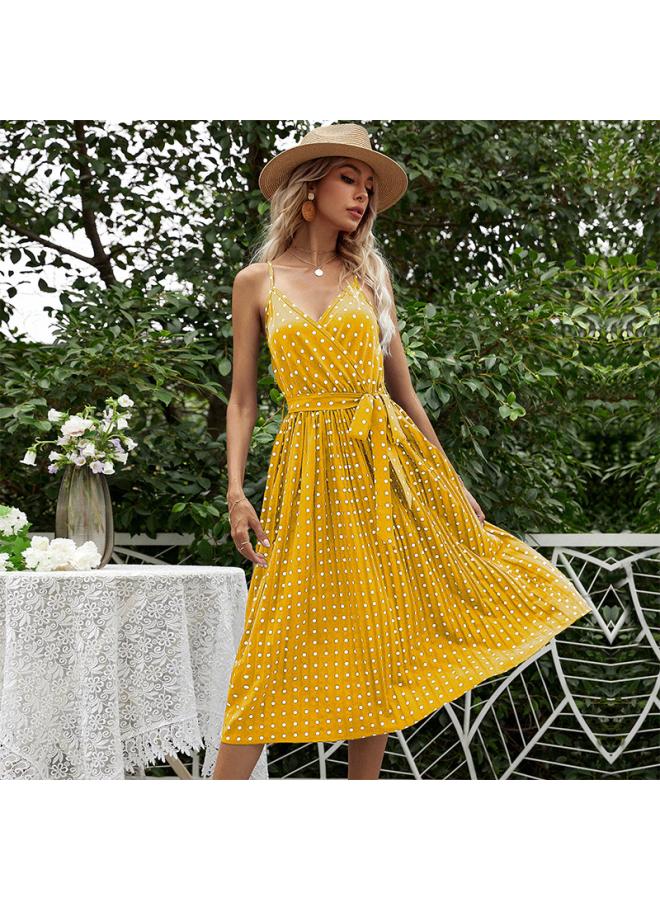 Independent Station European And American Women's Polka Dot Slip Skirt Mid-length Lace-up Pleated Dress Women
