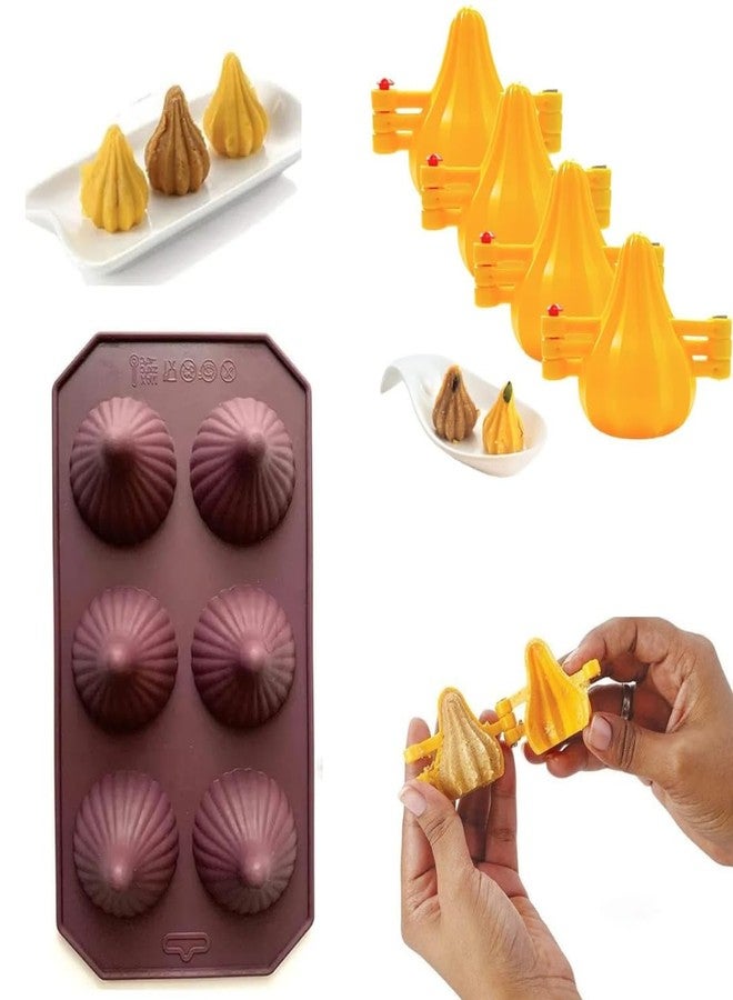 Skytail 6 Cavity Modak Silicone Mould & 4Pc Plastic Sancha Modak Maker Press Mold for Ganpati Bappa Ganesh Chaturti Festival Decoration Chocolate Filling Sweets Cake Dessert Cupcake - Image 1