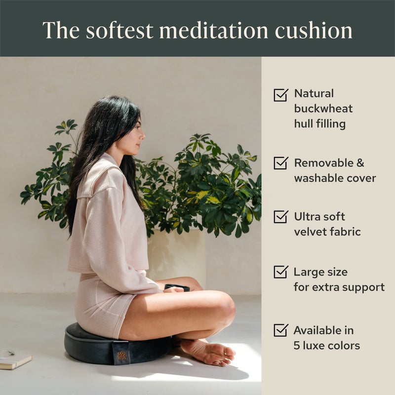 Mindful Modern Mindful & Modern Velvet Meditation Cushion | Luxe Zafu Yoga Floor Pillow Seat | Posture Support | Buckwheat Hull Filled | Large Round Cushion with Removable Washable Cover + Carry Handle | Color Grey - Image 3