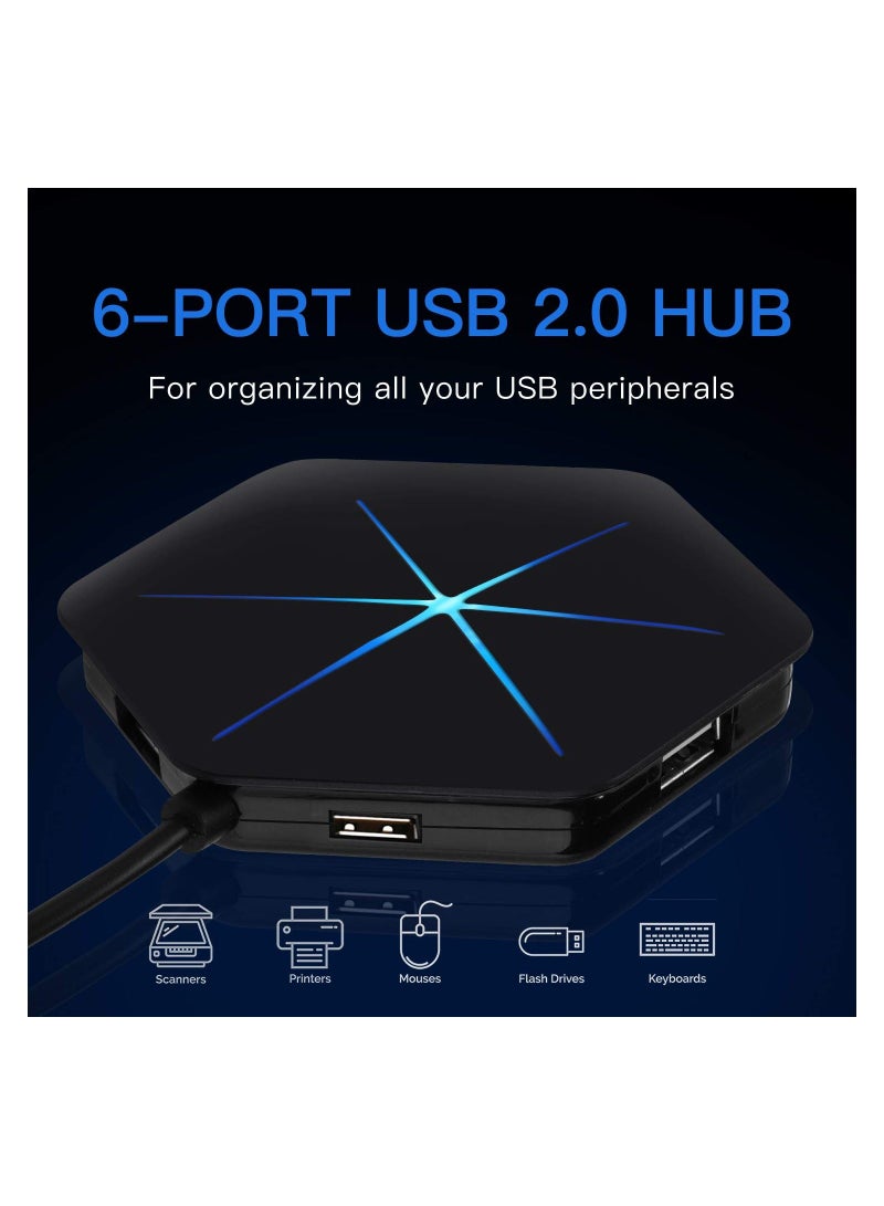 Y&D - USB Hub, 6-Port 2.0 Hub Extension Cable Blue LEDs Extra Ports, Safety Circuit Fit for Laptop Computer Desktop, PC, PS4, DELL, HP, Mac, Lenovo, Supports Various Different Interfaces - Image 1