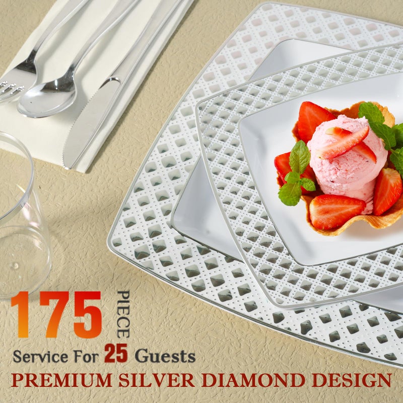 FOCUSLINE 175 Piece Silver Dinnerware Set for 25 Guests- Square Plastic Plates with Diamond- Including Disposable 25 Dinner Plates  25 Dessert Plates  25 Napkins  25 Cups  25 Silverware Set - Image 3