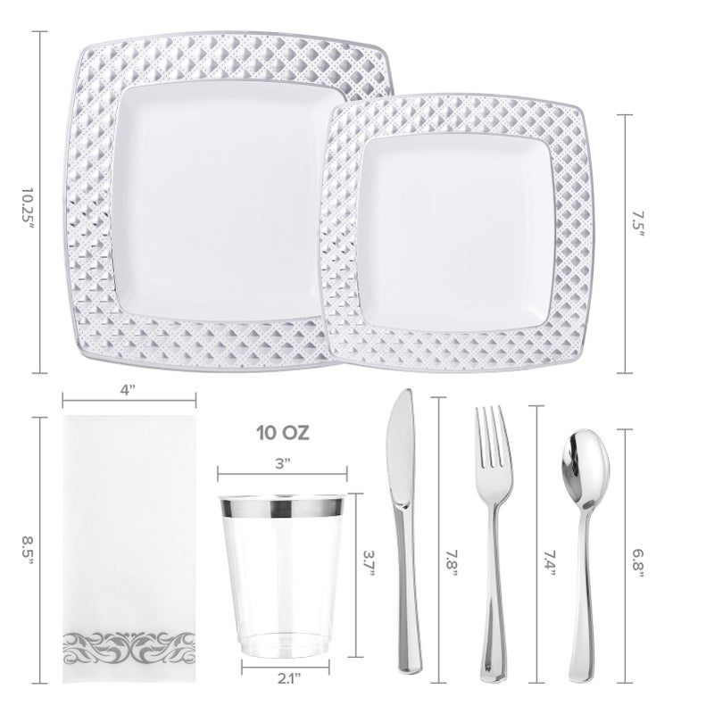 FOCUSLINE 175 Piece Silver Dinnerware Set for 25 Guests- Square Plastic Plates with Diamond- Including Disposable 25 Dinner Plates  25 Dessert Plates  25 Napkins  25 Cups  25 Silverware Set - Image 2