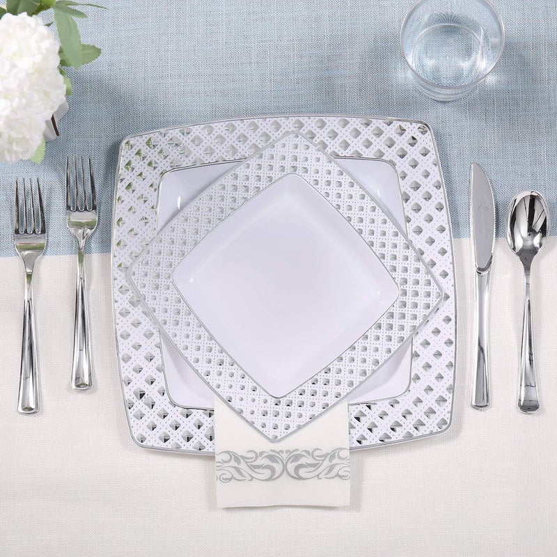 FOCUSLINE 175 Piece Silver Dinnerware Set for 25 Guests- Square Plastic Plates with Diamond- Including Disposable 25 Dinner Plates  25 Dessert Plates  25 Napkins  25 Cups  25 Silverware Set - Image 5