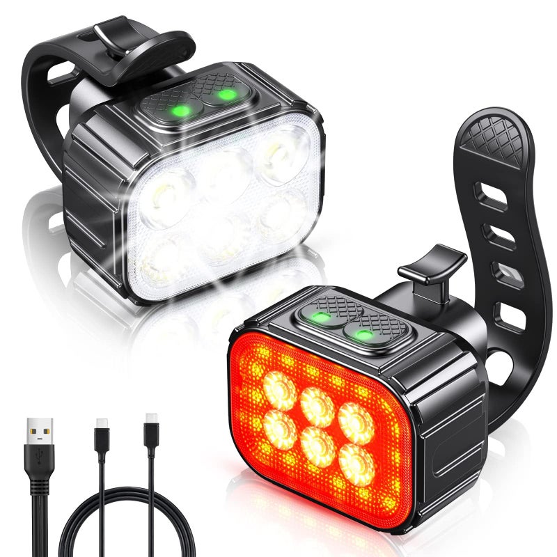 Cuvccn Bike Lights Set Ultra Bright, Bicycle Light Rechargeable with 6 Spot & Flood Beams, IP65 Waterproof Bike Lights for Night Riding, DIY 4X4 + 6X6 Modes Bicycle Headlight and Tail Light Reflectors - Image 1