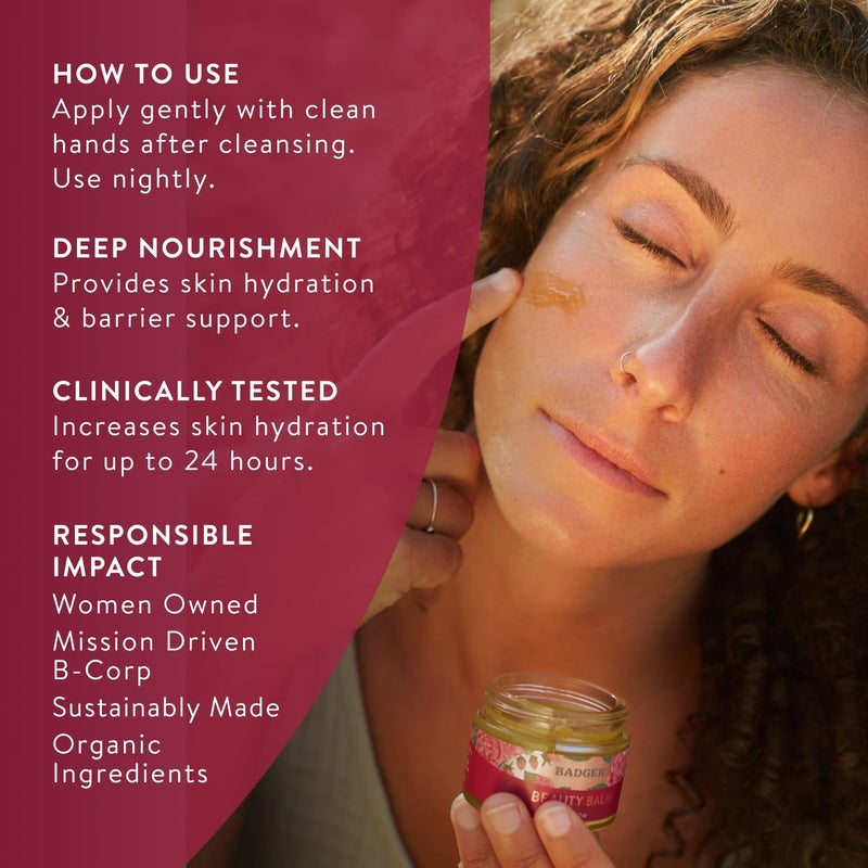 Badger Rose Beauty Balm, 100% Organic Nourishing Treatment For Face, Neck & Hands w/Pure Rose Essential Oil, Intensive Long Lasting Face Moisturizer for Women & Men, 1 oz Glass Jar - Image 5