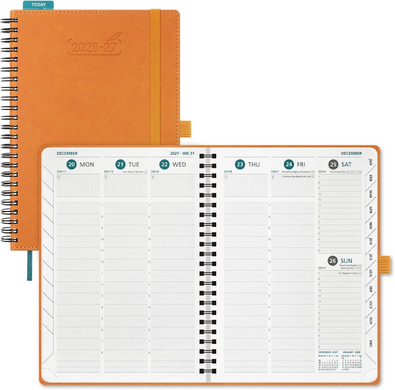 BEZEND Planner 2026-2027 Weekly and Monthly (8.5" x 11" Spiral) Academic Year Daily Calendar with Tabs (Jul 26-Dec 27) Hourly Timeslots, Thick Paper, Storage Pocket, Leather Softcover - Orange - Image 1