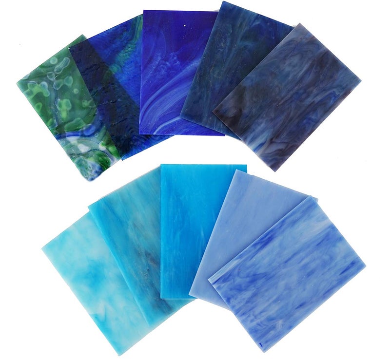 Lanyani 10 Sheets Variety Stained Glass Sheets Pack, 4 x 6 inch Large Cathedral Glass Mosaic Tiles for Crafts, Blue Mixed - Image 5