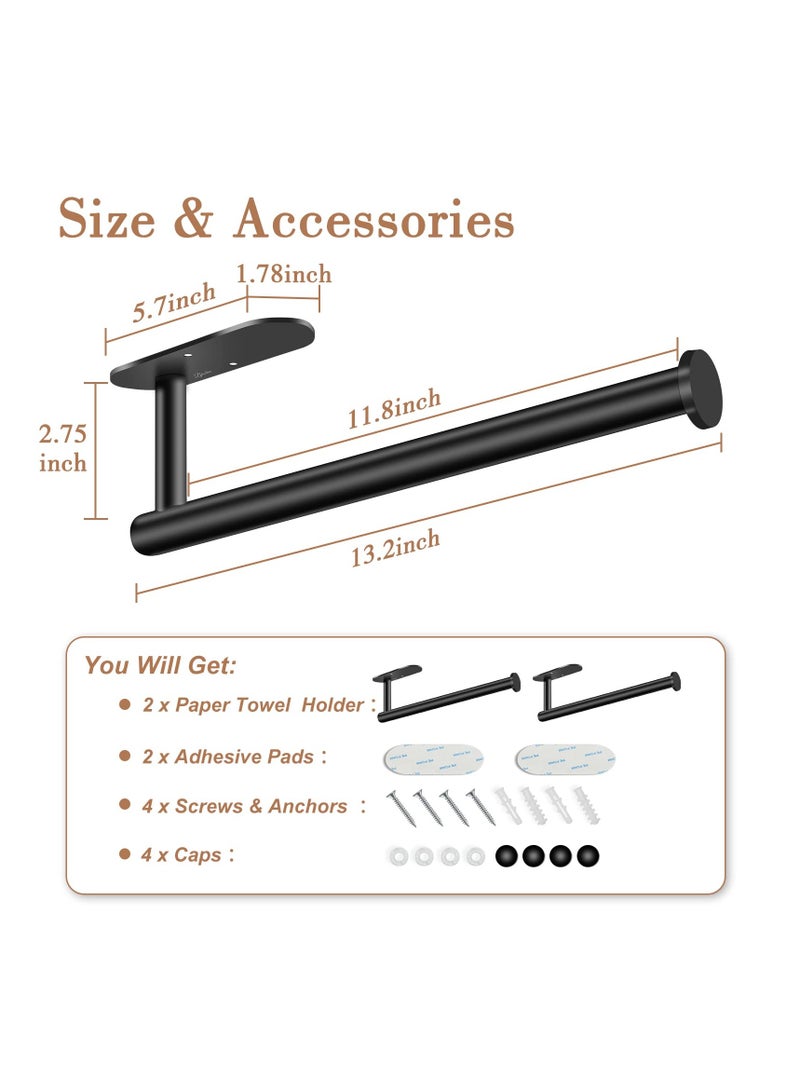 Paper Towel Holder Wall Mount, Self Adhesive Or Drilling Under Cabinet Kitchen, 13.2 inch Stainless Steel Paper Towel Roll Rack, Towel Roll Hanger for Bathroom 2Pack(Rectangle-Black) - Image 2