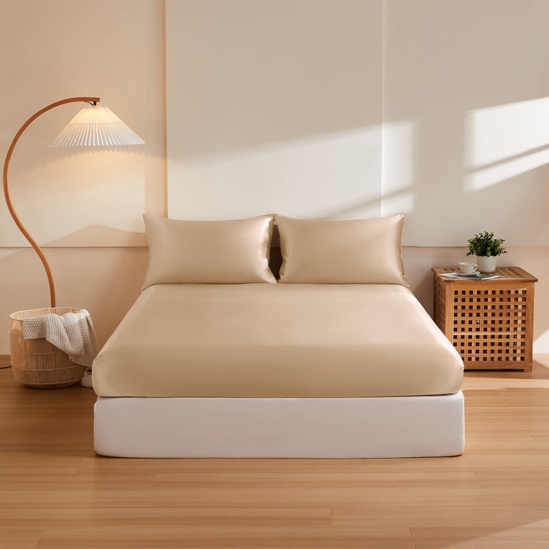 THXSILK Silk Queen Fitted Sheet 3Pcs Set  6A+ Top Grade 100% Pure Mulberry Silk Bed Sheets Set Luxury Bedding Sheet for Hair and Skin  1 Fitted Sheet with 2 Pillowcases  Champagne - Image 1