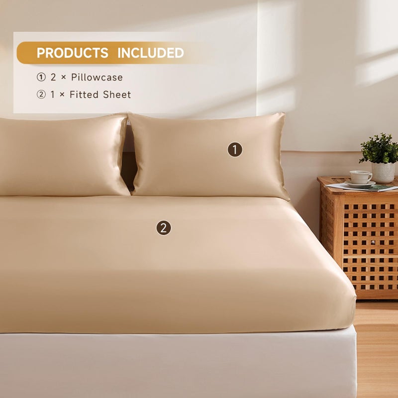 THXSILK Silk Queen Fitted Sheet 3Pcs Set  6A+ Top Grade 100% Pure Mulberry Silk Bed Sheets Set Luxury Bedding Sheet for Hair and Skin  1 Fitted Sheet with 2 Pillowcases  Champagne - Image 2