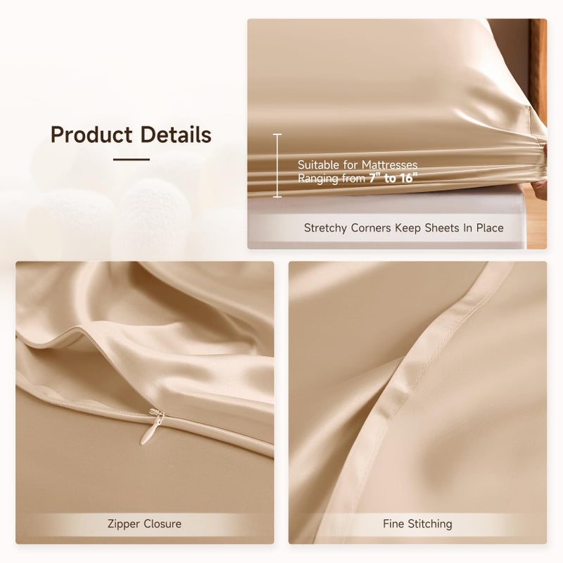 THXSILK Silk Queen Fitted Sheet 3Pcs Set  6A+ Top Grade 100% Pure Mulberry Silk Bed Sheets Set Luxury Bedding Sheet for Hair and Skin  1 Fitted Sheet with 2 Pillowcases  Champagne - Image 4