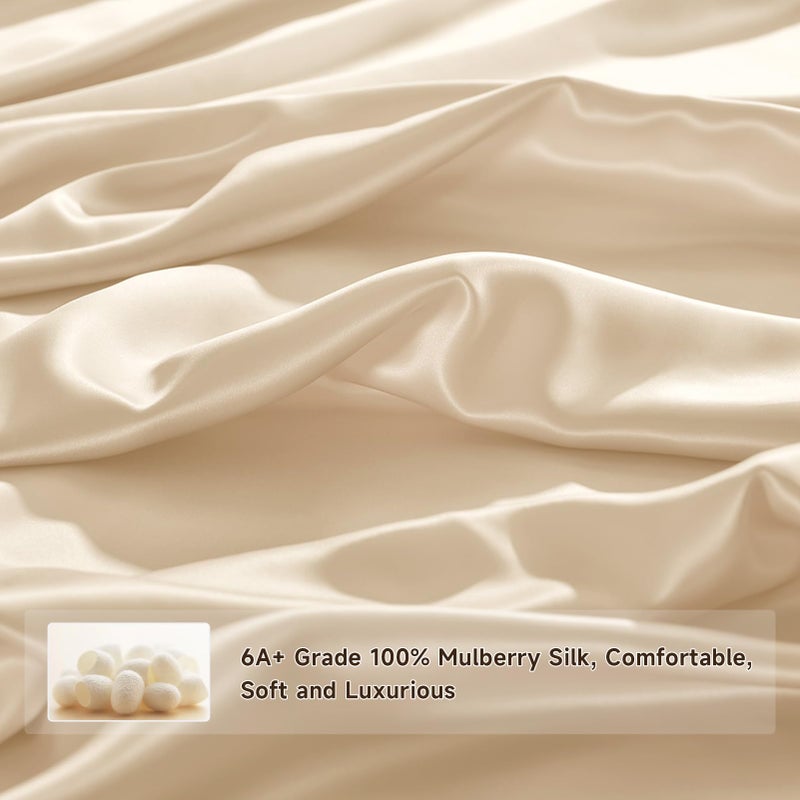 THXSILK Silk Queen Fitted Sheet 3Pcs Set  6A+ Top Grade 100% Pure Mulberry Silk Bed Sheets Set Luxury Bedding Sheet for Hair and Skin  1 Fitted Sheet with 2 Pillowcases  Champagne - Image 3
