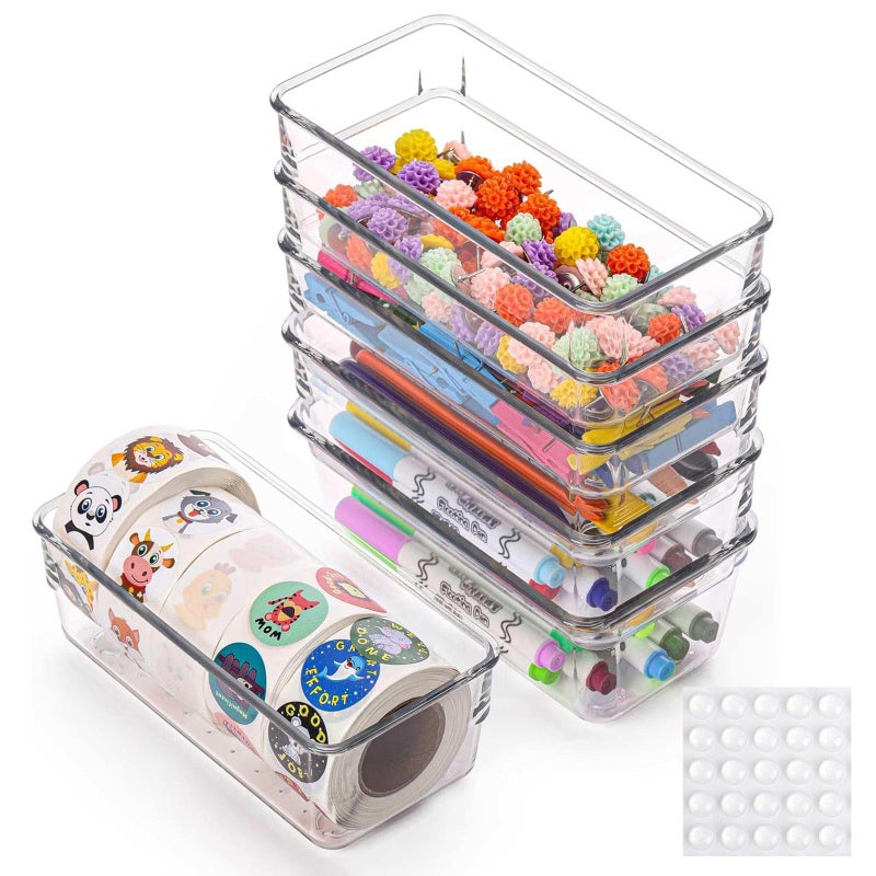 Ohlove 6Pcs Clear Plastic Drawer Organizers Tray 6 x 3 Storage Bins with 25Pcs Nonslip Pads for Makeup Jewelries Kitchen Utensils Bathroom and Office - Image 2