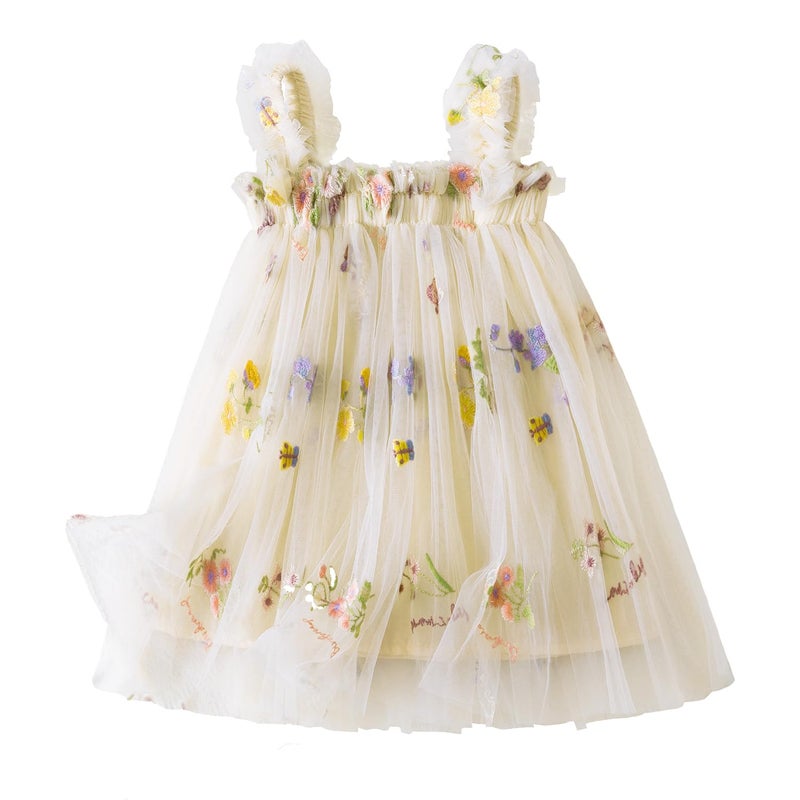 Nileafes Baby Girl Casual Tutu Dress Strap Tulle Flower Butterflies Embroidery Princess Dresses Size 80 (6-12 Months, 07-Yellow) - Image 1