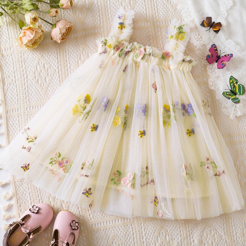 Nileafes Baby Girl Casual Tutu Dress Strap Tulle Flower Butterflies Embroidery Princess Dresses Size 80 (6-12 Months, 07-Yellow) - Image 3