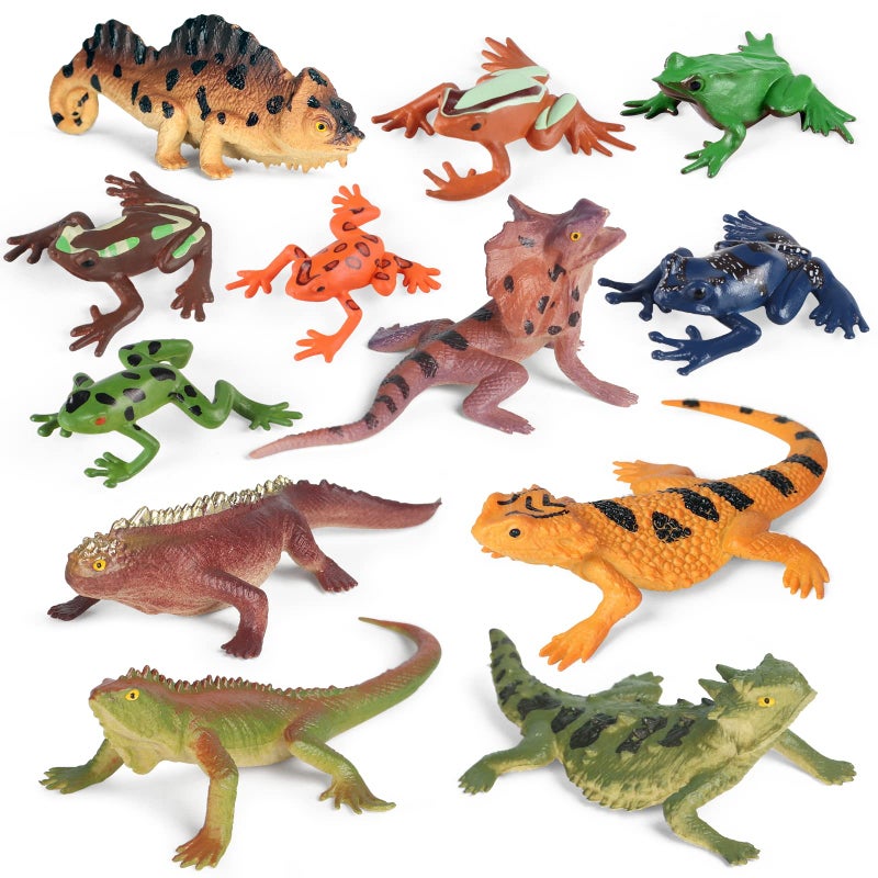Sienon 12PCS Reptile Lizard Animals Figures, Mini Plastic Realistic Cold Blooded Amphibian Frog Jungle Chameleon Rainforest Character Toys for Kids Educational Halloween Prank Props Diorama Easter Eggs - Image 1