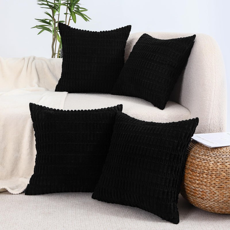 All Smiles Decorative Black Throw Pillow Covers 16x16 Set of 4 Farmhouse Rustic Home Decor Soft Plush Striped Corduroy Square Cushion Case Living Room Couch Bed Sofa