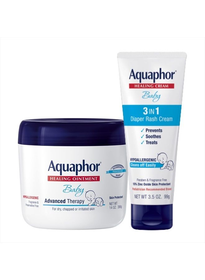 Aquaphor Baby Skin Care Set - Fragrance Free, Prevents, Soothes and Treats Diaper Rash - Includes 14 oz. Jar of Advanced Healing Ointment & 3.5 oz Tube of Diaper Rash Cream  - Image 1