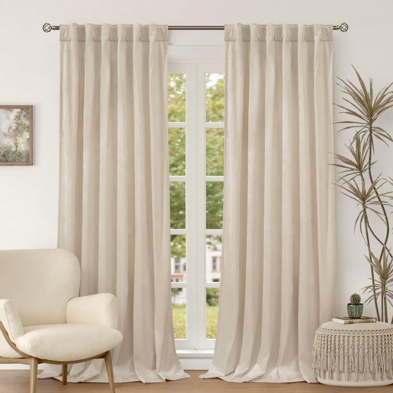 BGment Cream Beige Velvet Curtains 84 Inch for Bedroom, Thick Thermal Insulated Room Darkening Curtains Noise Reduce Back Tab and Rod Pocket Window Panels for Living Room, 2 Panels, 52 x 84 Inch - Image 1