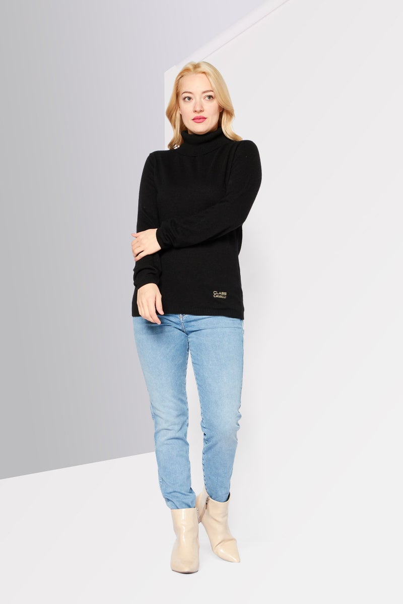 Cavalli Class Women High Neck Knitted Sweater, Black - Image 2