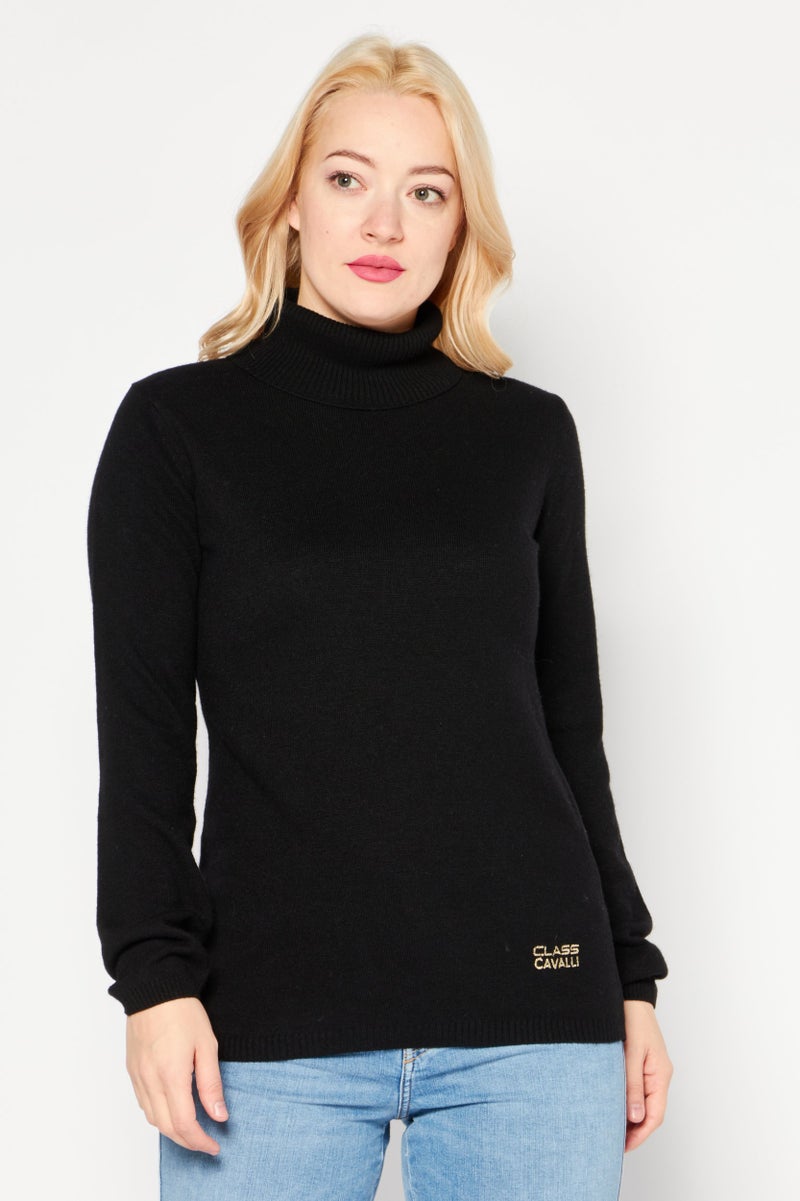 Cavalli Class Women High Neck Knitted Sweater, Black - Image 1