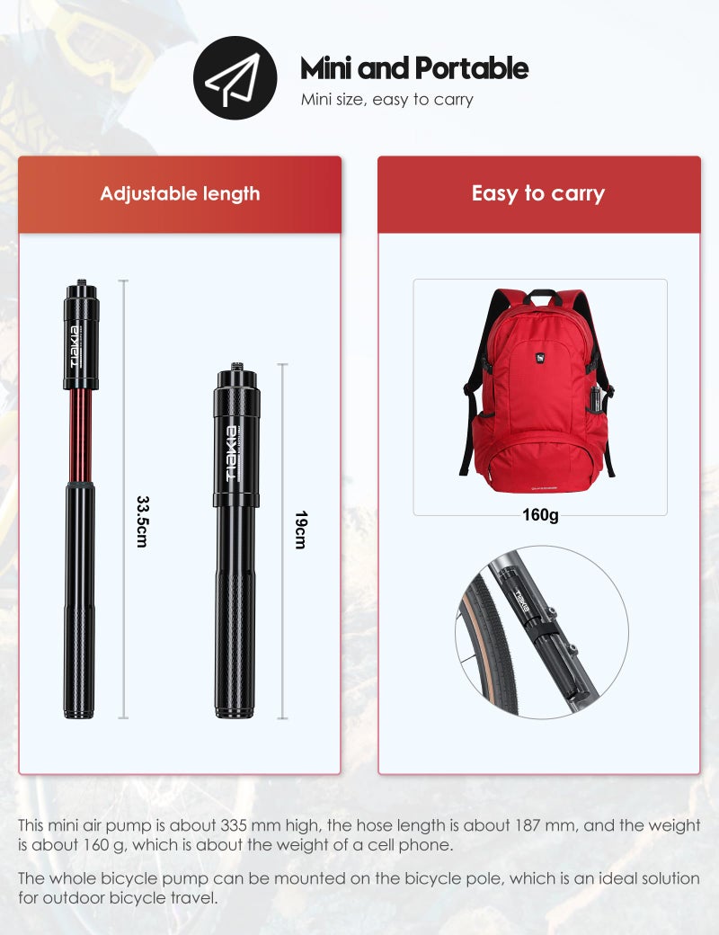 Tiakia Mini Bike Pump,Portable Compact Bicycle Pump,High Pressure Frame Pump 260PSI- Air Hand Pump Fit Presta, Schrader & Woods Valves,Aluminum Alloy Durable Tire Pump for Road/Mountain/BMX Bikes - Image 3