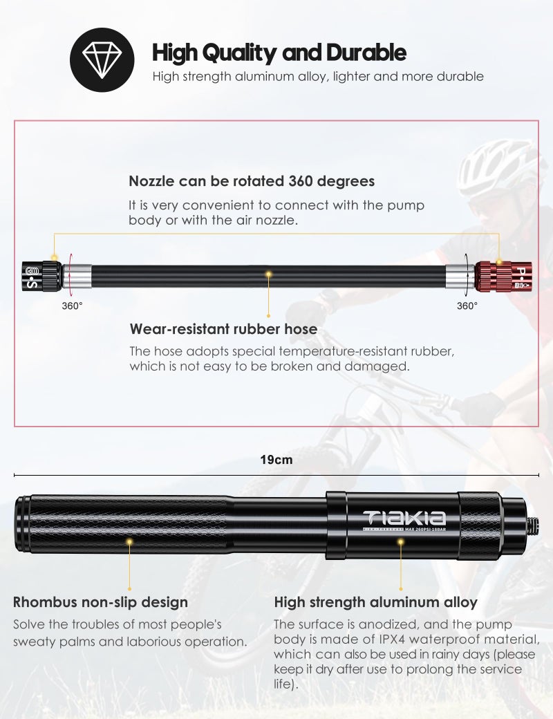 Tiakia Mini Bike Pump,Portable Compact Bicycle Pump,High Pressure Frame Pump 260PSI- Air Hand Pump Fit Presta, Schrader & Woods Valves,Aluminum Alloy Durable Tire Pump for Road/Mountain/BMX Bikes - Image 5